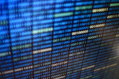 mavi ikili kod. ikili veri blokları. Blockchain kavramı. bir numara ve sıfır metin bilgisayar dijital ikili kod ile mavi arka plan bit.