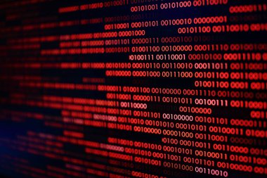 Kırmızı ikili kod. bilgisayar teknoloji arka plan. Kırmızı ikili kod bilgisayar dili veri aktarımı yapar. güvenli olmayan ve tehlikeli büyük veri ve AI yapay zeka siber ağ.