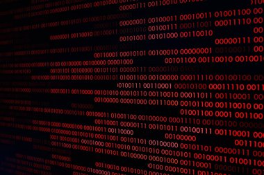 Kırmızı ikili kod. bilgisayar teknoloji arka plan. Kırmızı ikili kod bilgisayar dili veri aktarımı yapar. güvenli olmayan ve tehlikeli büyük veri ve AI yapay zeka siber ağ.