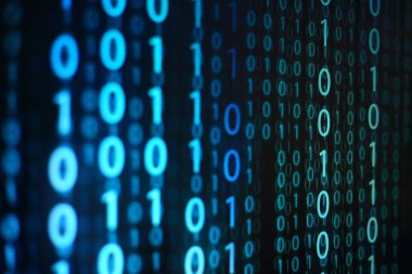 Mavi ve beyaz dijital ikili kod bilgi bit arka plan dairesel ufuk bokeh ışık tarafından çevrili. yapay zeka, iletişim, veri aktarımı için grafik tasarım kaynak kavramları.