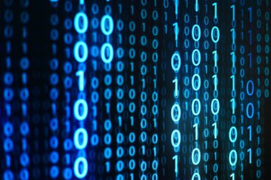 Mavi ve beyaz dijital ikili kod bilgi bit arka plan dairesel ufuk bokeh ışık tarafından çevrili. yapay zeka, iletişim, veri aktarımı için grafik tasarım kaynak kavramları.