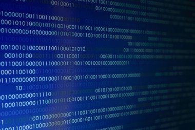 Mavi ve beyaz dijital ikili kod bilgi bit arka plan dairesel ufuk bokeh ışık tarafından çevrili. yapay zeka, iletişim, veri aktarımı için grafik tasarım kaynak kavramları.