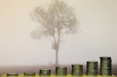 çevre koruma için finansman. sis önünde artan grafik şeklinde sikke yığını tek ağaç kaplı.