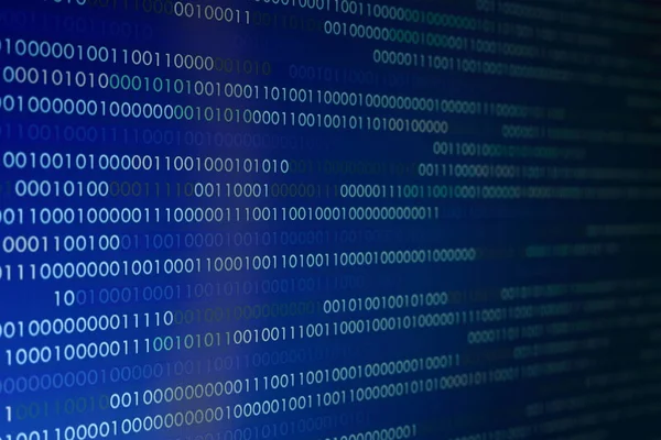 Mavi ve beyaz dijital ikili kod bilgi bit arka plan dairesel ufuk bokeh ışık tarafından çevrili. yapay zeka, iletişim, veri aktarımı için grafik tasarım kaynak kavramları.