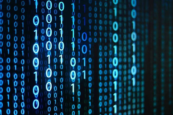 Mavi ve beyaz dijital ikili kod bilgi bit arka plan dairesel ufuk bokeh ışık tarafından çevrili. yapay zeka, iletişim, veri aktarımı için grafik tasarım kaynak kavramları.