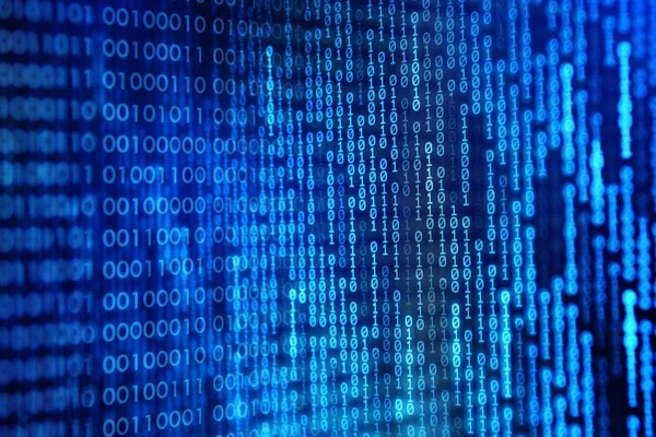 Mavi ve beyaz dijital ikili kod bilgi bit arka plan dairesel ufuk bokeh ışık tarafından çevrili. yapay zeka, iletişim, veri aktarımı için grafik tasarım kaynak kavramları.