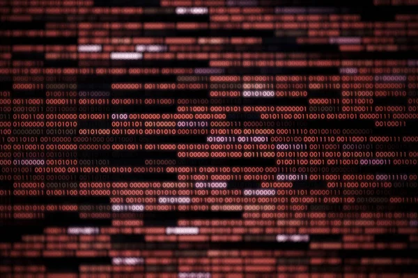 Computer display screen with red binary code moving in the background. blur defocus blue bokeh light. technology graphic design background concepts