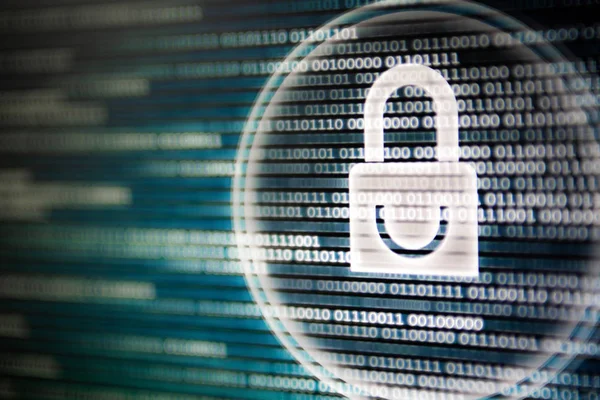 Cybersicherheit Weißes Vorhängeschloss Symbol Auf Dem Bildschirm Des Led Computerbildschirms — Stockfoto
