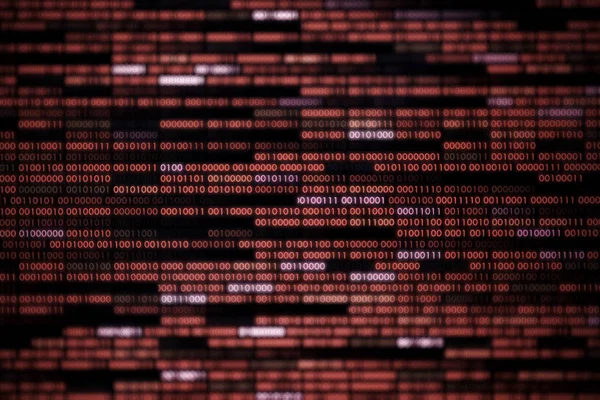 Computer Display Screen Red Binary Code Moving Background Blur Defocus — Stock Photo, Image