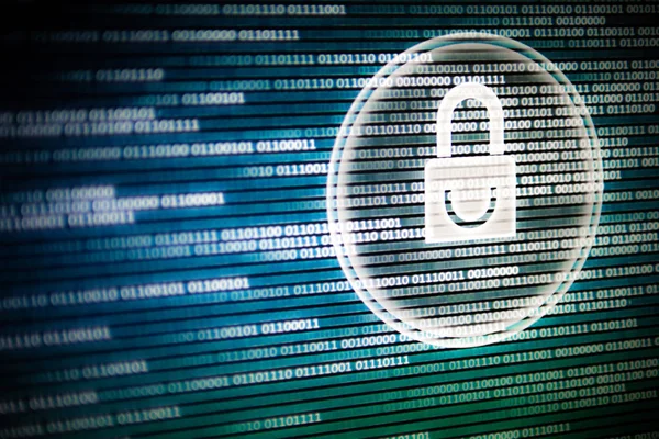 cyber security. white light padlock icon on led computer screen monitor display. blue and green colors with binary code moving motion from left to right.