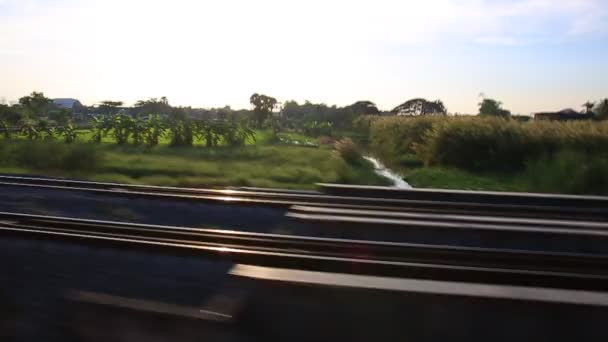 Landsbygd Utsikt Från Vintage Tågfönstret Ryggsäck Reseupplevelse — Stockvideo