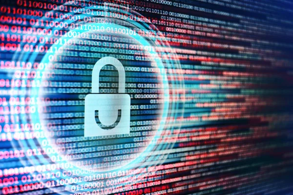 sörf tehlikeli internet ortamında. Mavi asma kilit biraz simgesi üzerinde kırmızı ve mavi ikili kod arka plan. veri güvenliği hacker eğilimli suç ağı. muhafaza-e karşı virüs.