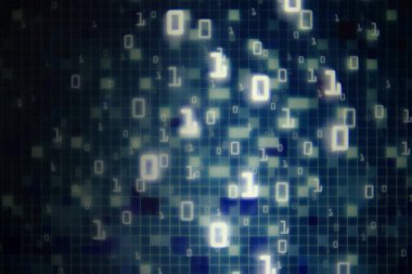 Matris fütüristik uzay tema mavi ve siyah arka plan üzerinde çerçeve tepesinden aşağı hareket birden fazla pozlama binary sayılar. Mavi blok piksel bilgisayar veri aktarımı bilgi kavramları.