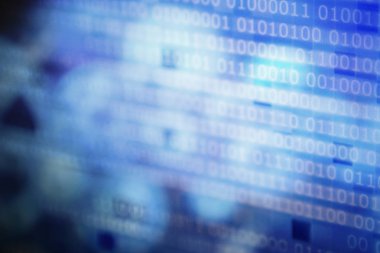 Mavi piksel arka plan üzerinde ikili kod bloğunu bilgisayar. açık ve koyu mavi piksel blokları birden çok gölge ve sesi. yumuşak odak, seçici odak ve bokeh fotoğraf efektleri defocused.