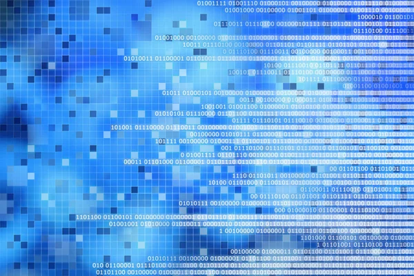 digital computer data concept. white binary code text on blue pixel blocks abstract background. design for artificial intelligence computer technology and digital business development concepts.