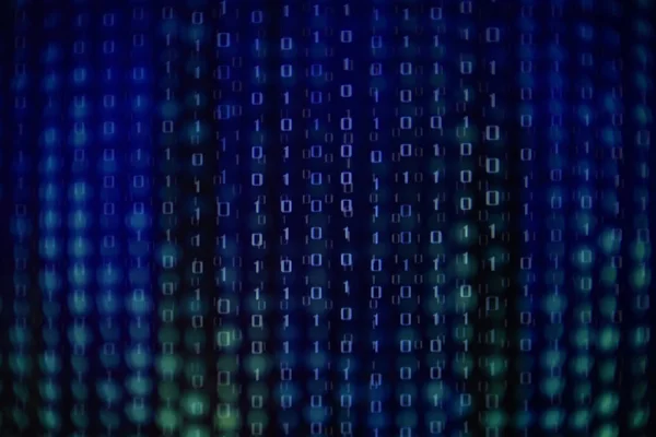monitor displaying flowing binary code matrix on blue strip lines background. computer software and analysis concepts. multiple exposure with blue green bokeh background.