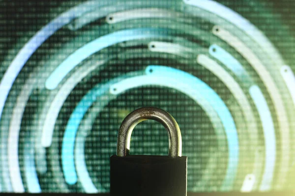 closed padlock in front of green matrix and circular lines background. cyber and computer security concept. privacy protection against hackers, virus and spyware.