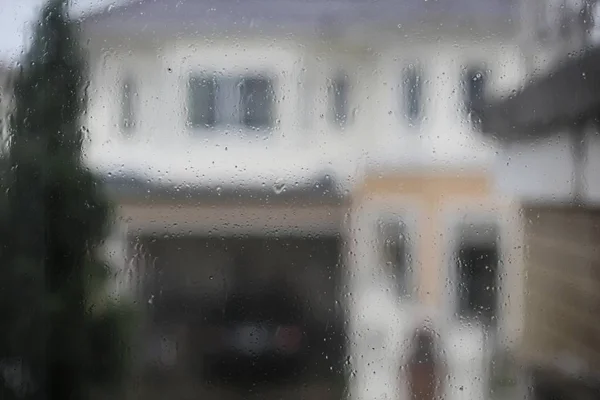 Gotas Água Chuva Respingo Pego Janela Vidro Pego Chuva Casa — Fotografia de Stock