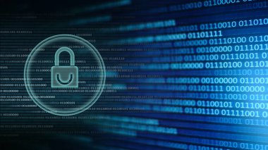 Mavi ikili kod matrisi arka planında beyaz ışık dijital asma kilit simgesi. Güvenli veri ve bilgi transferi. dijital iletişim ve bulut hesaplama.