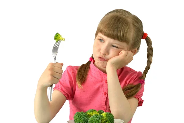 Дитина, дитина, не любить броколі білий ізольований фон Стокове Фото