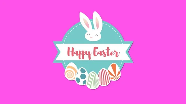 Animated closeup Happy Easter text and rabbit on pink background