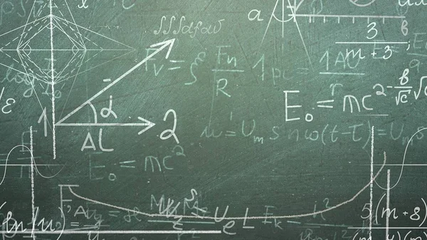 Closeup mathematical formula on blackboard, school background