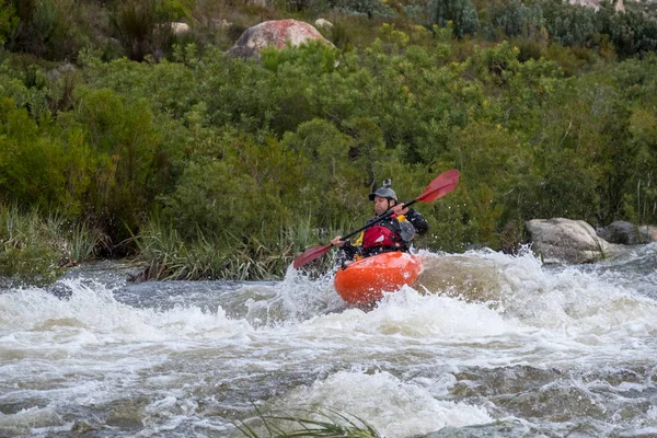 Image Kayaker Orange Kayak Padding Some White Water Rapids River — Stock Photo, Image