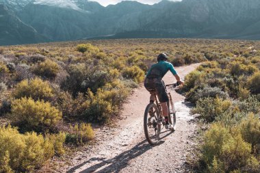 Dağ bisikletçisi, Güney Afrika Burnu 'nun dışında arka planda karlı dağlarla bir cip pistinde yarışıyor.