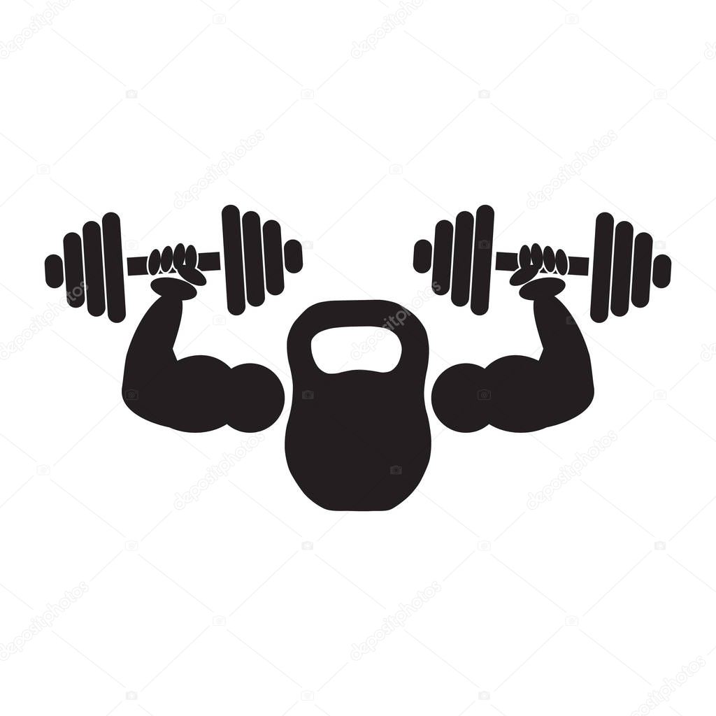 Gym or fitness logo sign. Kettlebell with strong arms and dumbbell.