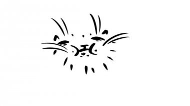 Kedi çiğniyor. Elle çizilmiş çizgi film animasyonu. Komik karikatür kedi.