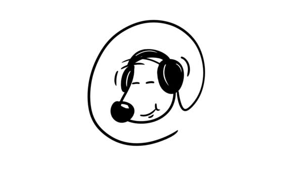 Ute Cartoon Dog Face Listening Music Headphones Hand Drawn Frame — Stock Video