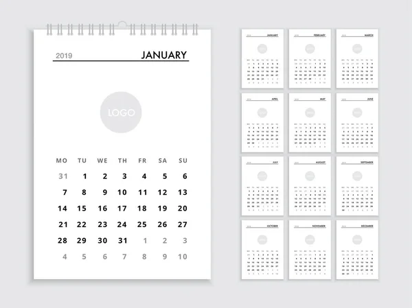 Plantilla calendario pared 2019 — Vector de stock