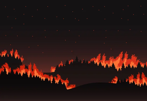 Forest fire panorama van het natuurlijke landschap, nacht silhouet — Stockvector