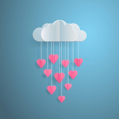 davetiye Sevgililer günü, bulut ile yağmur kalpler kağıttan vektör çizim kesmek seviyorum. Bulut düşen kalplerin yağmur dayalı bir tebrik kartı ile Sevgililer günü, kavramı.