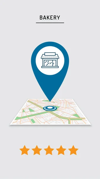 Classificação de café, restaurante, loja, pino de loja no mapa da cidade no aplicativo móvel com navegação pela cidade — Vetor de Stock