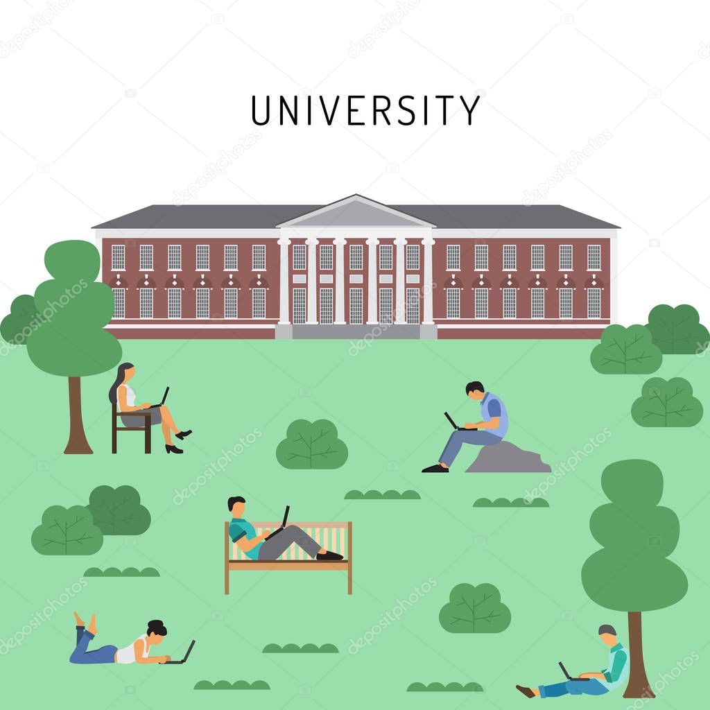 Students on campus vector illustration of young people using laptop, tablet and smartphone for education