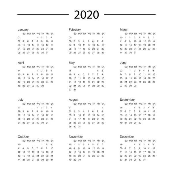 Kalender 2020 Jahresvorlage Tagesplaner in diesem minimalistischen — Stockvektor