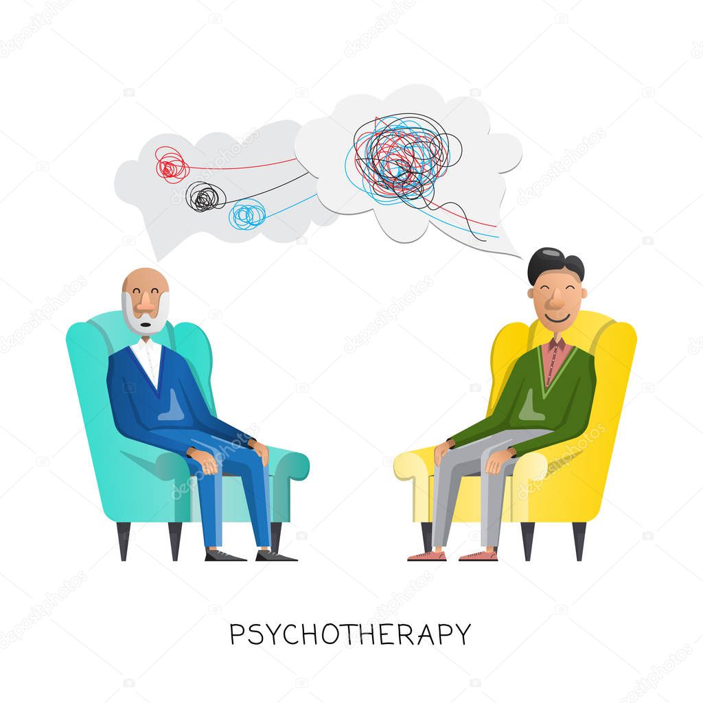 Psychotherapy session in therapist office with patient on sofa talking about his feelings flat vector illustration