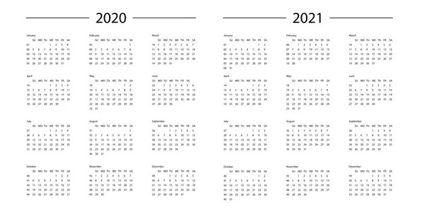 Calendario 2020 2021 año plantilla planificador de día en este minimalista — Vector de stock