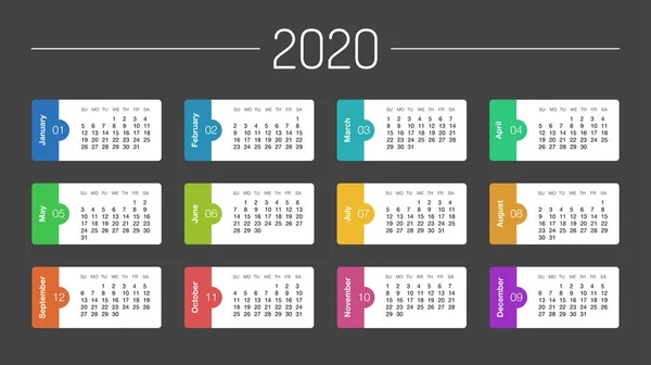 Calendario 2020 año plantilla planificador de día en este minimalista — Vector de stock