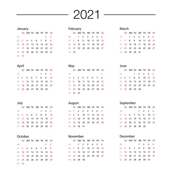 Calendario 2021 año plantilla planificador de día en este minimalista — Vector de stock