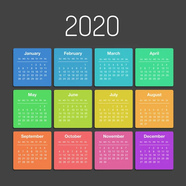 Calendario 2020 año plantilla planificador de día en este minimalista — Vector de stock