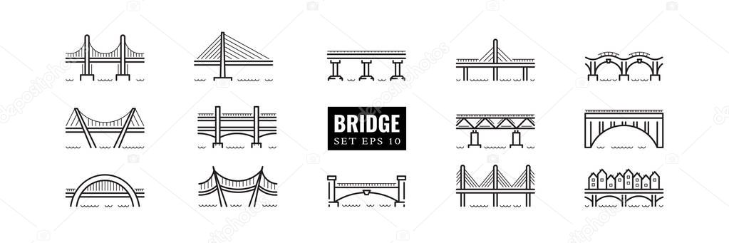 Set bridges line art icons of different typologies and designs. Vector logos bridges in flat outline style isolated on white background.