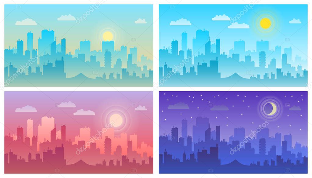 Daytime cityscape. Morning, day and night city skyline landscape, town buildings