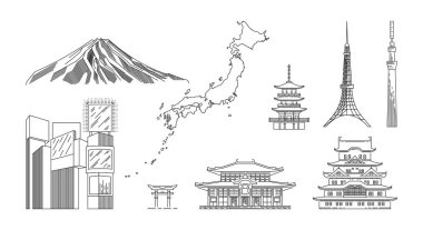 Japonya seyahat Infographic. Vektör seyahat yerler ve yerler.