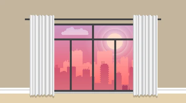 Imagem plana do vetor do panorama da cidade da noite, paisagem urbana em um por do sol —  Vetores de Stock