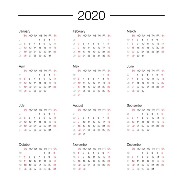 Kalendarz 2020 rok szablon dzień Planner w tym minimalistycznym — Wektor stockowy