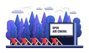 Vektör Açık Hava Sinema düz İllüstrasyon sandalye ve gece açık