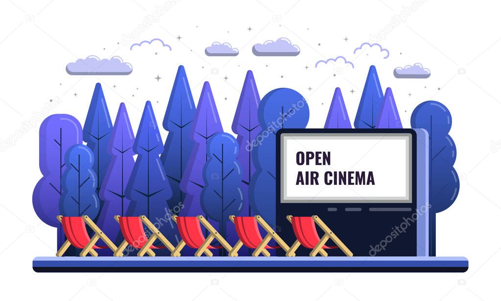 Vector Open Air Cinema flat Illustration With chairs And Night outdoor
