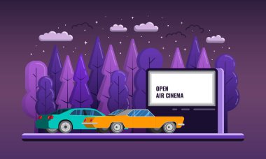 Vektör Açık Hava Araba Sinema düz İllüstrasyon sandalye ve gece açık